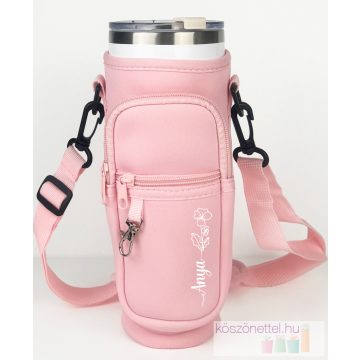   Egyedileg feliratozott rózsaszínű kulacstartó táska virágszálas névvel - kulacs nélkül