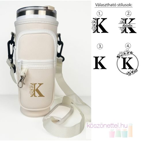 Egyedi monogramos krémszínű kulacstartó táska - kulacs nélkül