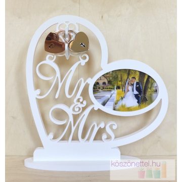 Mr & Mrs fényképes asztali dísz esküvői lakatceremóniára szimpla szív lakattal
