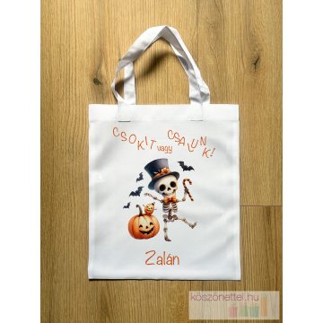   Halloween névvel feliratozott édesség gyűjtő táska - csontvázas