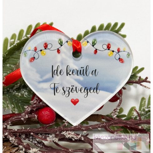 Saját felirattal elkészített szív alakú karácsonyfa dísz