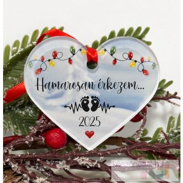   Szív alakú, baba bejelentő karácsonyfa dísz - Hamarosan érkezem...