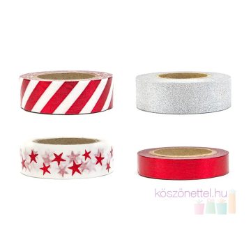  Karácsonyi ragasztószalag készlet csillámos, metál piros-fehér (4 db-os csomag)