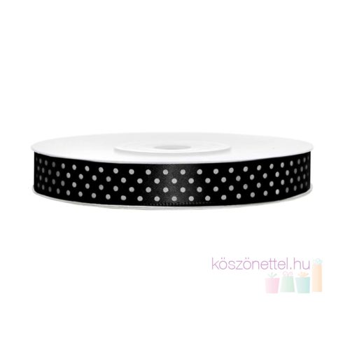 Pöttyös szaténszalag 12 mm - feketén fehér pöttyök (Utolsó 10 tekercs raktáron!)