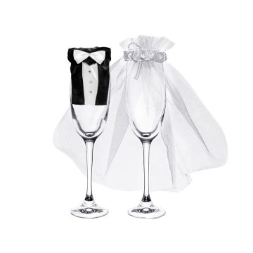 Menyasszony és vőlegény pezsgőspohár öltöztető szett